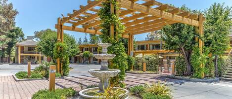 حمّام سباحة خارجي، مظلات على حمّام السباحة، مقاعد للتشمس