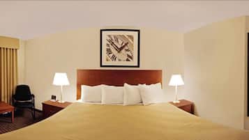 Habitación de hotel con una cama grande, dos mesitas de noche con lámparas, una silla y un reloj en la pared.