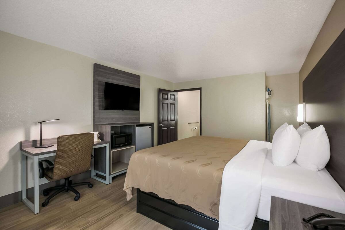 A hotel room with a bed, desk, chair, TV, and a door.