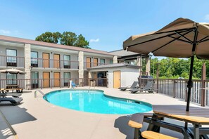 Seasonal outdoor pool, pool umbrellas