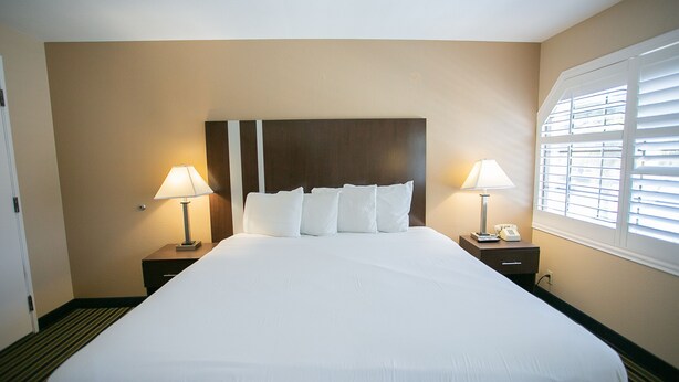 A hotel room with a large bed, two bedside tables with lamps, a telephone, and a window with blinds. - Travel Inn (Sunnyvale)