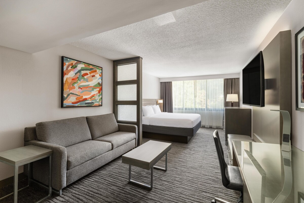 Une chambre d’hôtel avec un canapé, un lit, un bureau, une télévision et un tableau au mur.