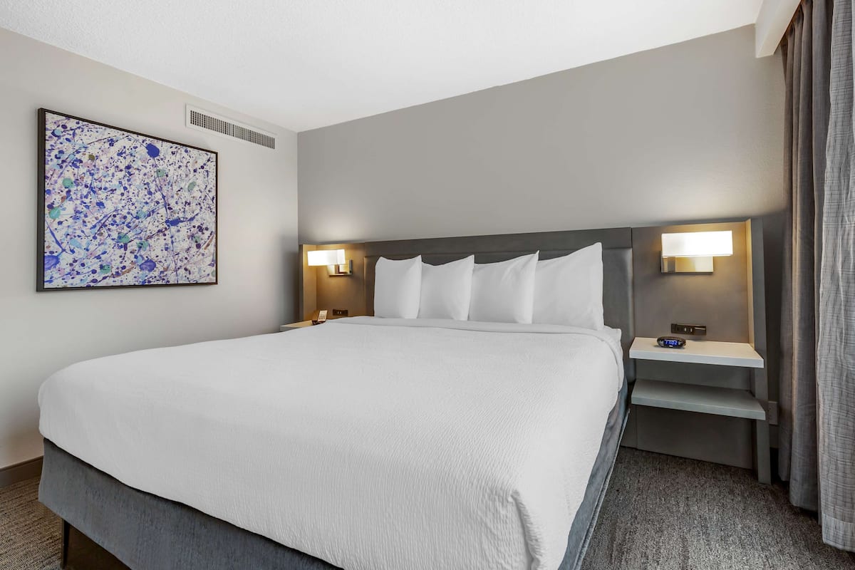 Une chambre d’hôtel avec un grand lit, deux tables de chevet, une œuvre d’art accrochée au mur et une fenêtre avec des rideaux.