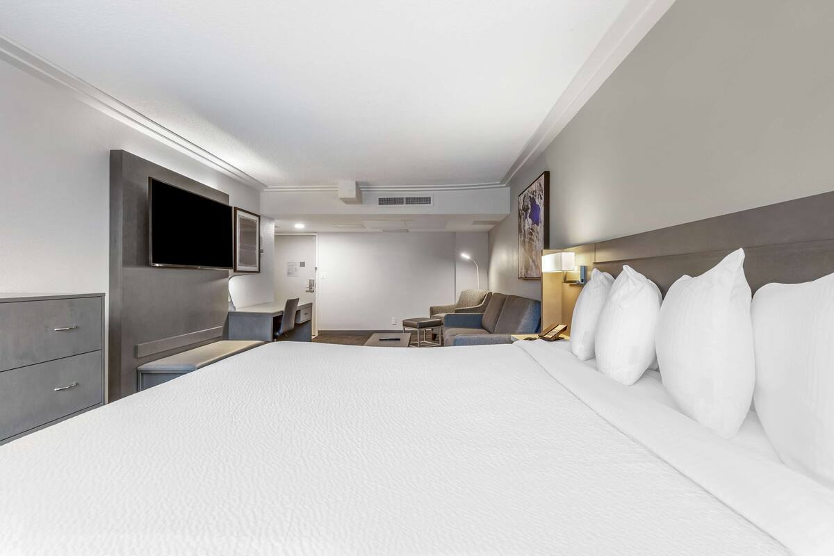 Une chambre d’hôtel moderne dotée d’un grand lit, d’un téléviseur à écran plat fixé au mur, d’un bureau avec une chaise et d’un canapé.