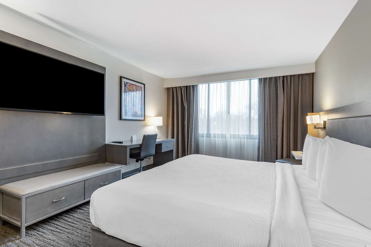 Une chambre d’hôtel avec un grand lit, un bureau avec une chaise, un téléviseur à écran plat fixé au mur et une fenêtre avec des rideaux.