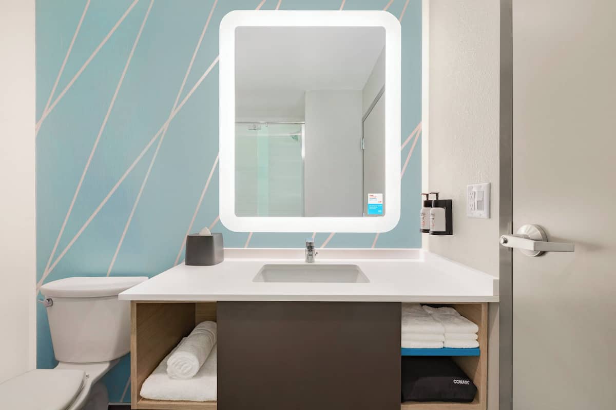 combined shower/bathtub, free toiletries, towels