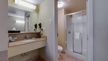 Baño con lavamanos, espejo, secador de pelo y mampara de vidrio.