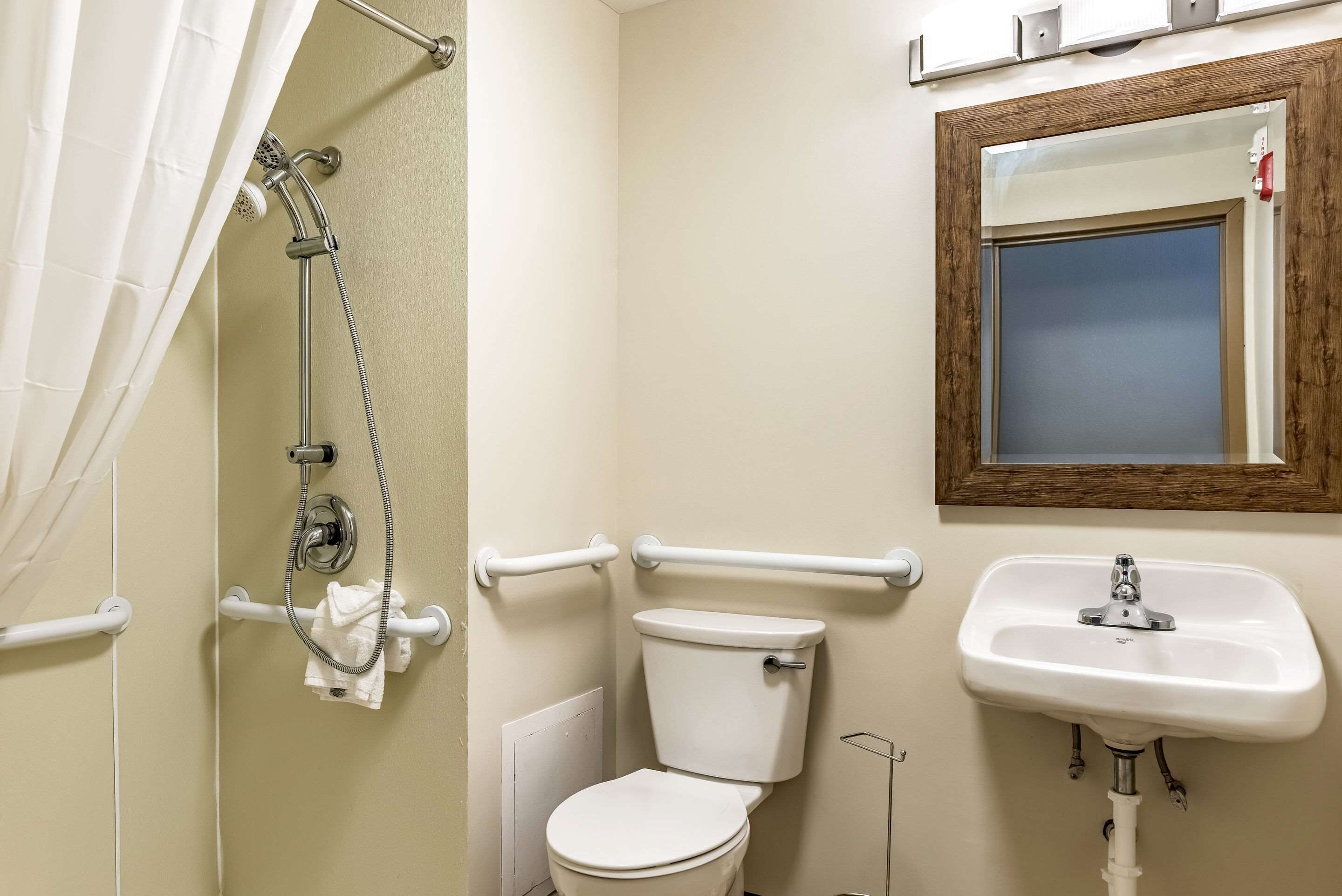 Un bagno con un WC, una doccia dotata di maniglie di sostegno, un lavandino e uno specchio.