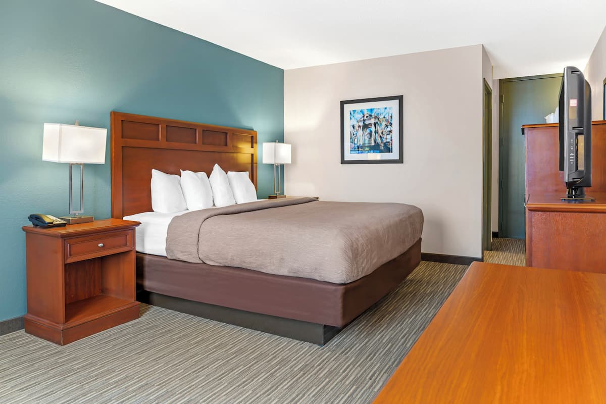A hotel room with a bed, bedside tables, a TV, and a framed picture on the wall.