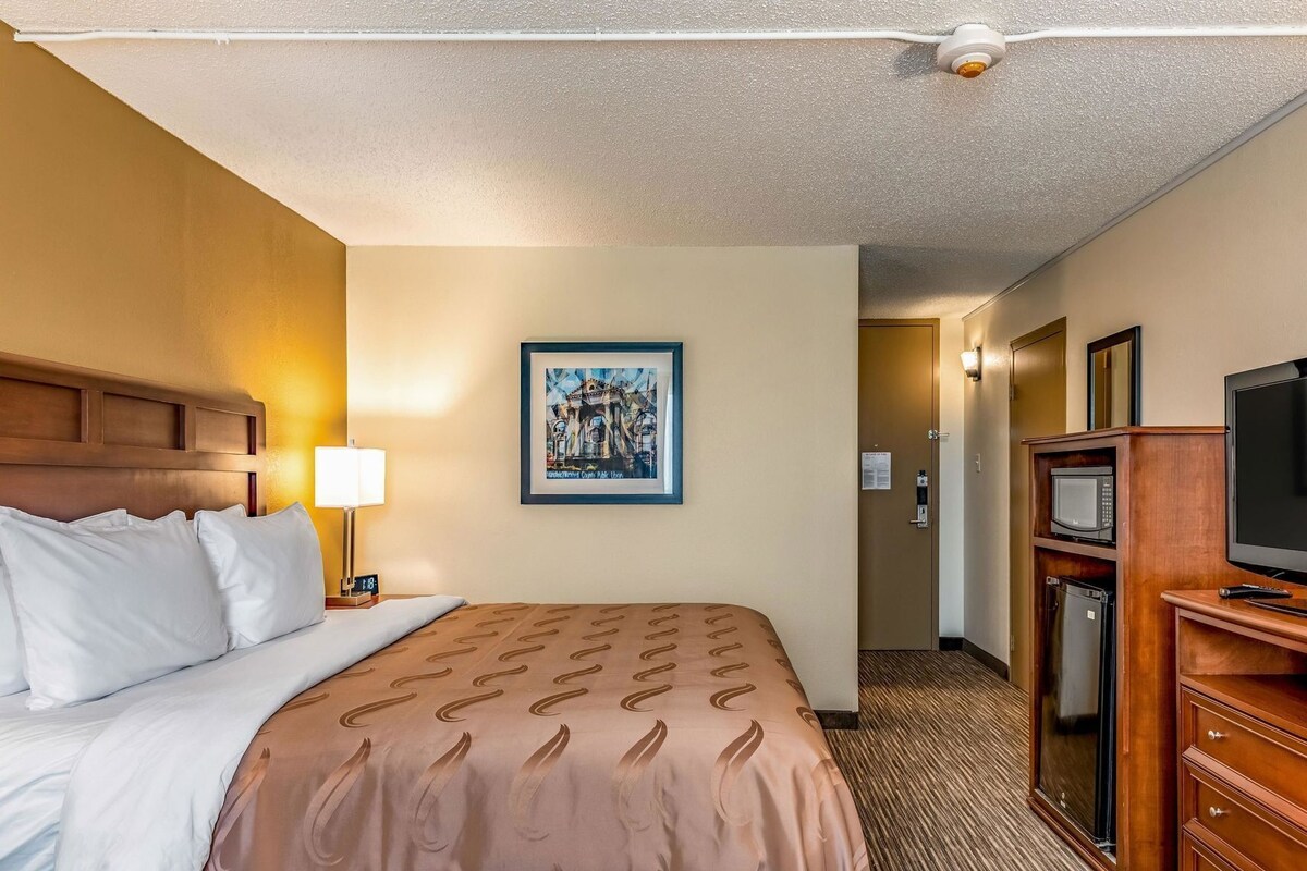 A hotel room with a bed, a television, a microwave, and a framed picture on the wall.