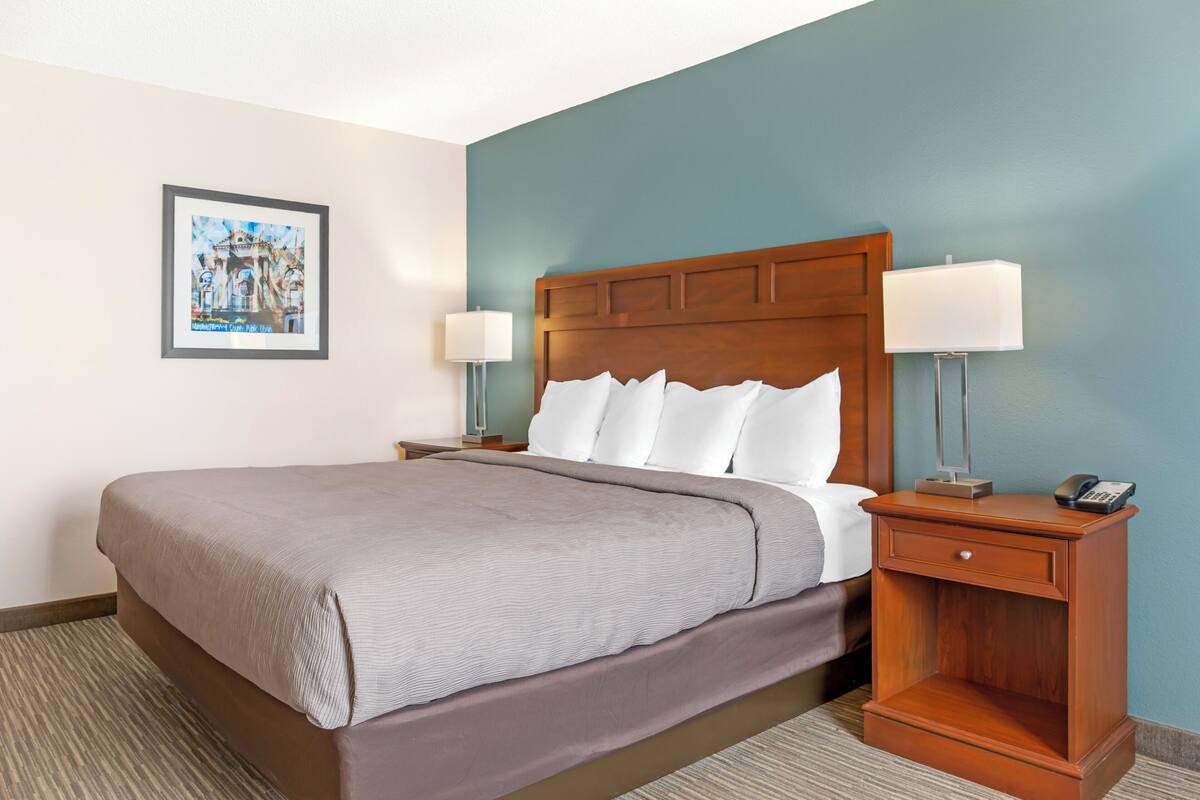 A hotel room with a large bed, two bedside tables with lamps, a framed picture on the wall, and a carpeted floor.