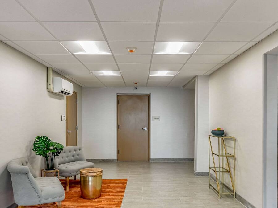 A hallway with a seating area, a plant, a small table, and a decorative stand.