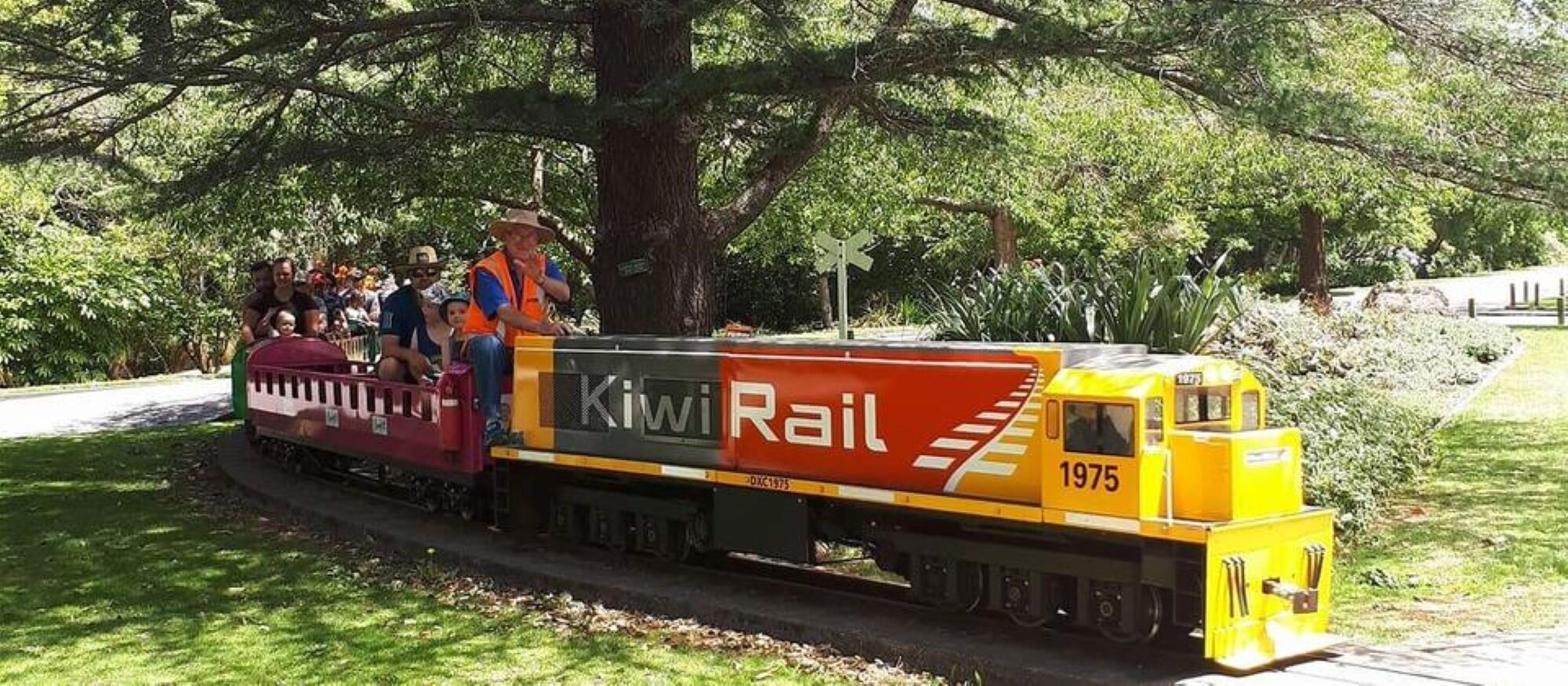 Un tren en miniatura con pasajeros, identificado como 'Kiwi Rail', sobre vías rodeadas de follaje.