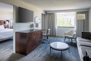 Premium bedding, pillow-top beds, desk, laptop workspace