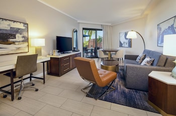 Suite, 1 King Bed with Sofa bed, Ocean View (Verdant Veranda) | Living area | 32-inch plasma TV with cable channels, TV, pay movies at Hilton Marco Island Beach Resort and Spa