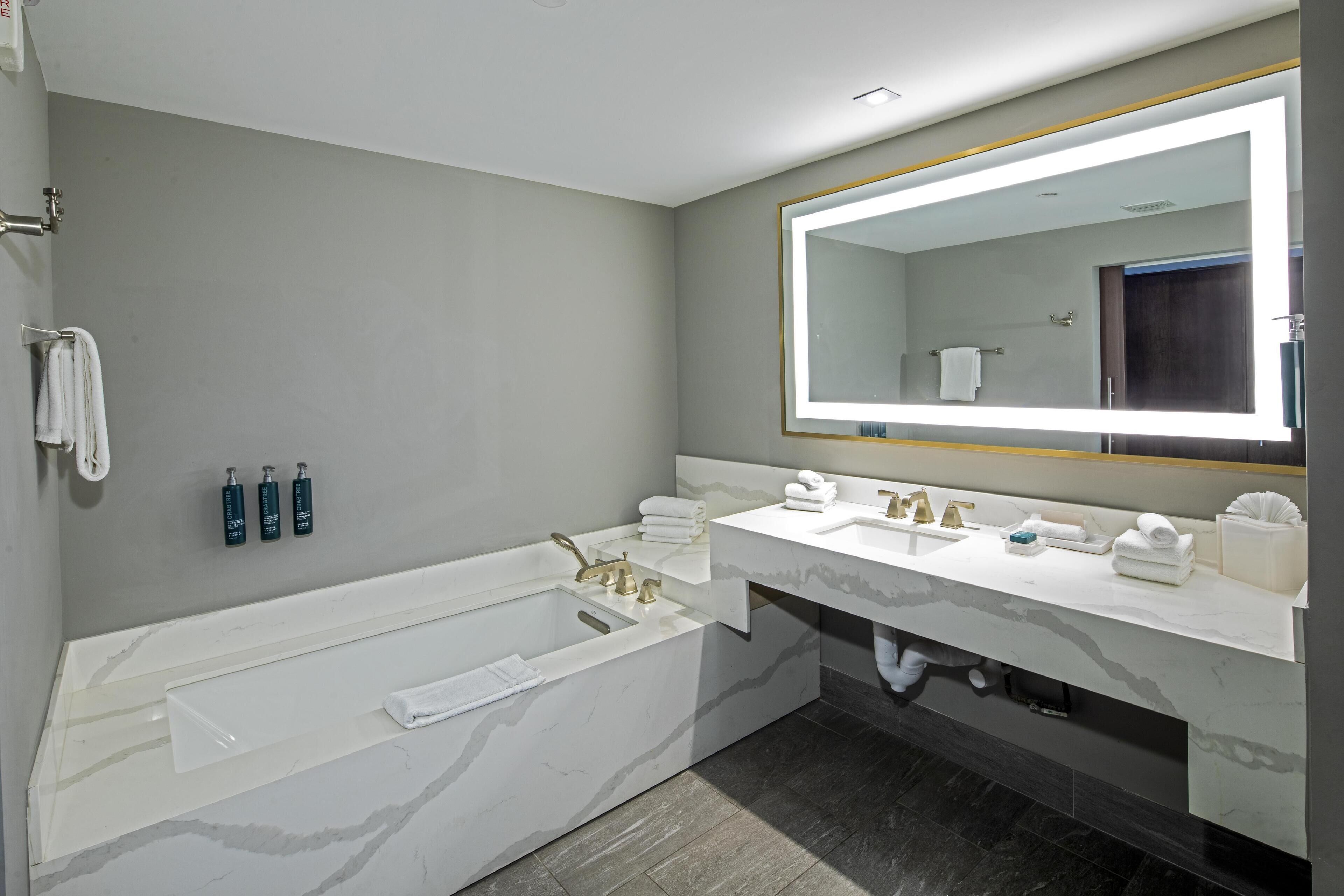 A modern bathroom with a large bathtub, two sinks, and a large mirror.