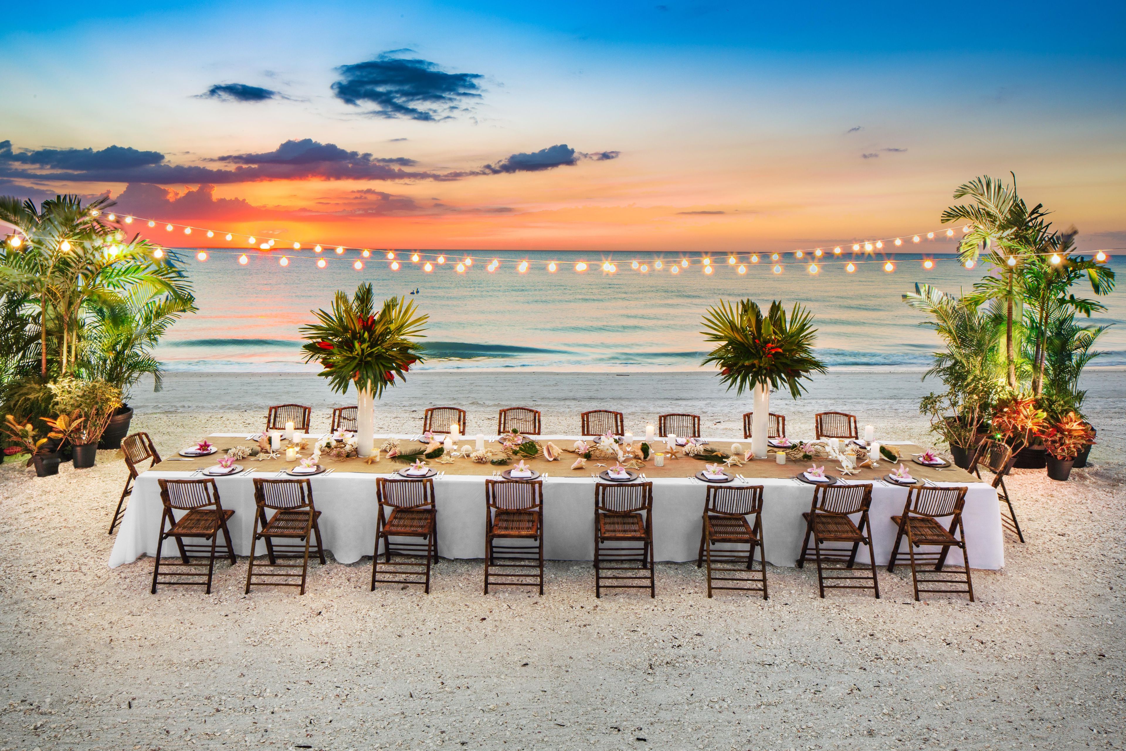 Mobiliario para comer frente a la playa con vistas al océano, luces colgantes y plantas tropicales.