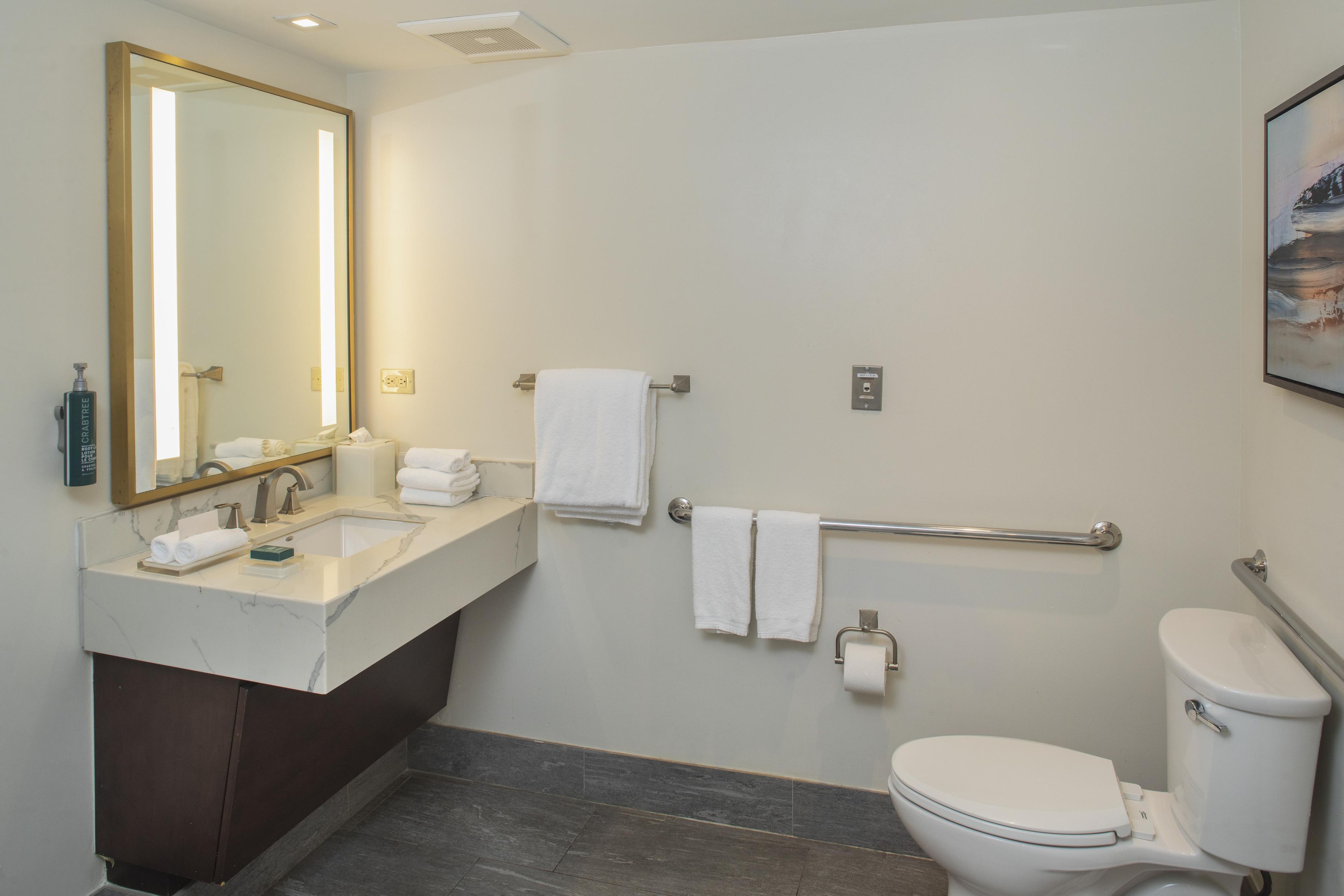 Une salle de bain moderne avec un lavabo en marbre, des toilettes, une barre d’appui et un grand miroir.