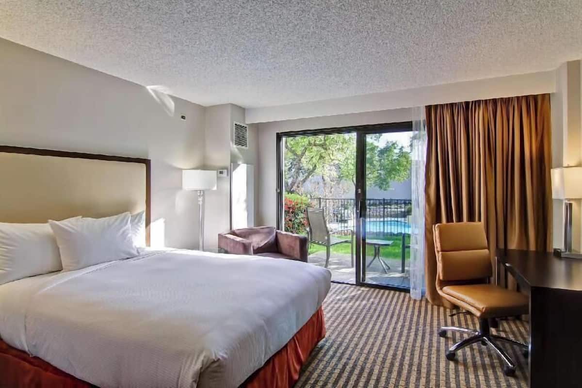 Une chambre d’hôtel avec un grand lit, un bureau, une chaise, une lampe et une vue sur une piscine et un espace verdoyant.