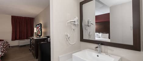 Hair dryer, towels, soap, shampoo