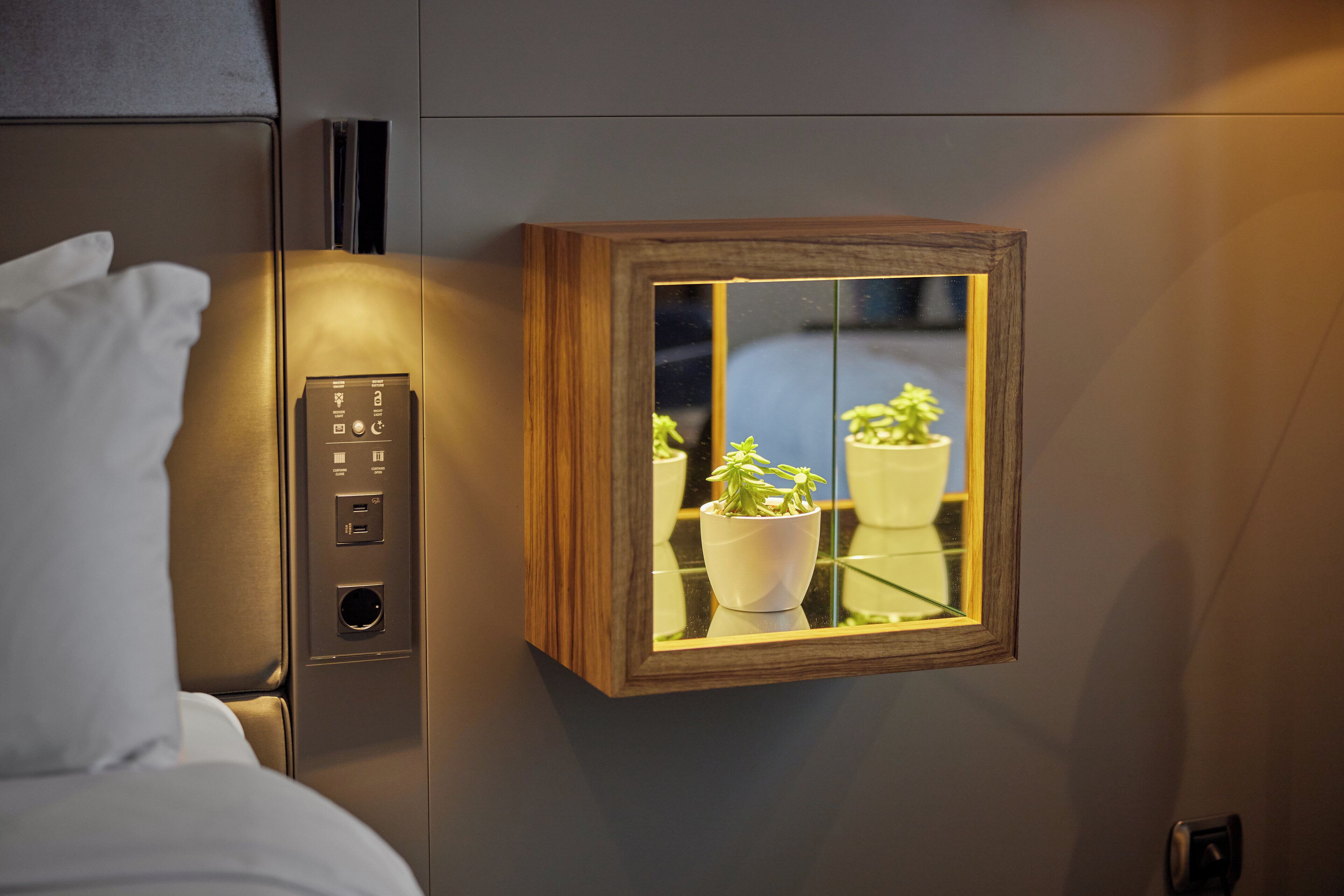 A hotel room with a bed, a control panel, and a wooden-framed window with a reflection of potted plants.