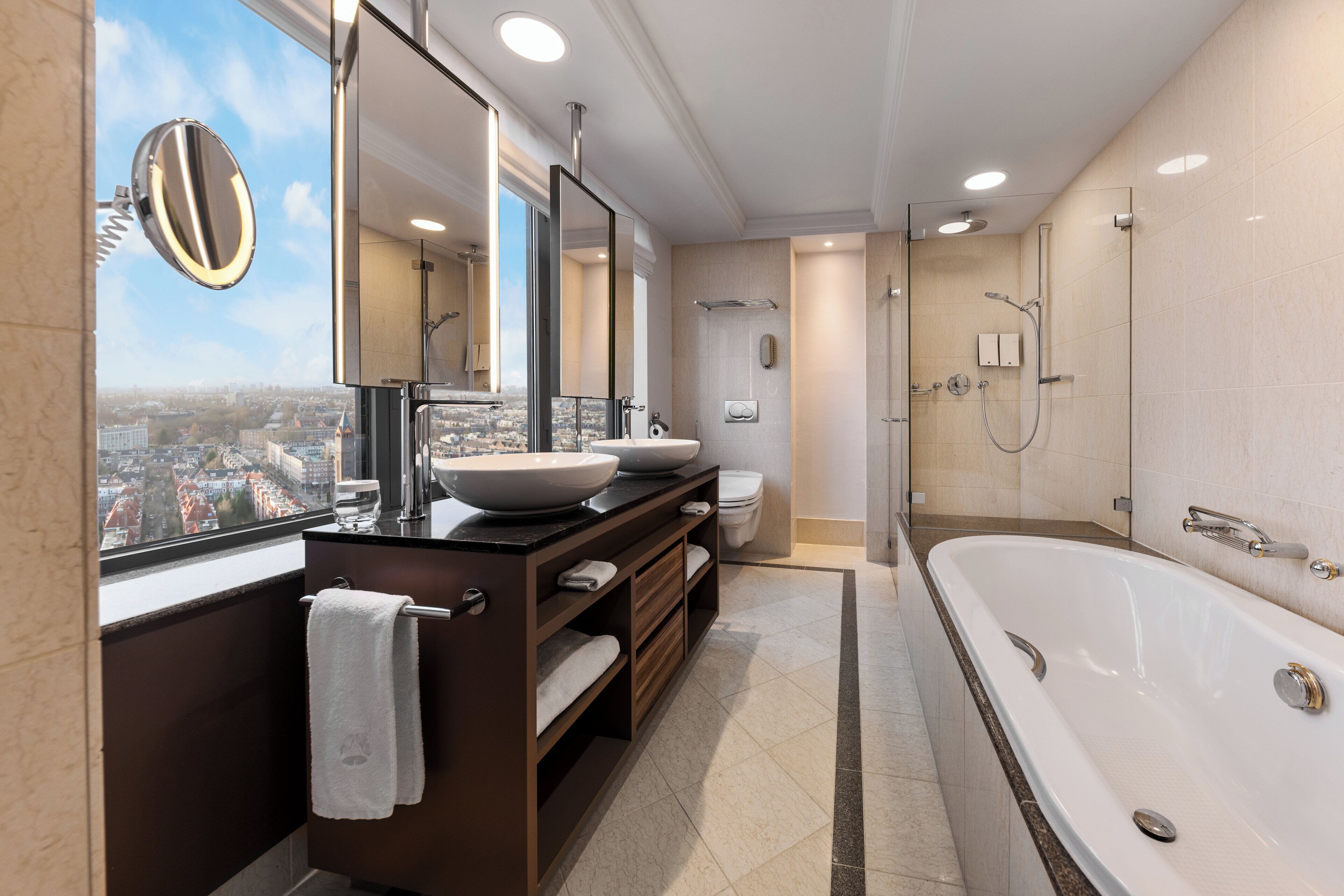 separate bathtub and shower, deep-soaking bathtub, rainfall showerhead