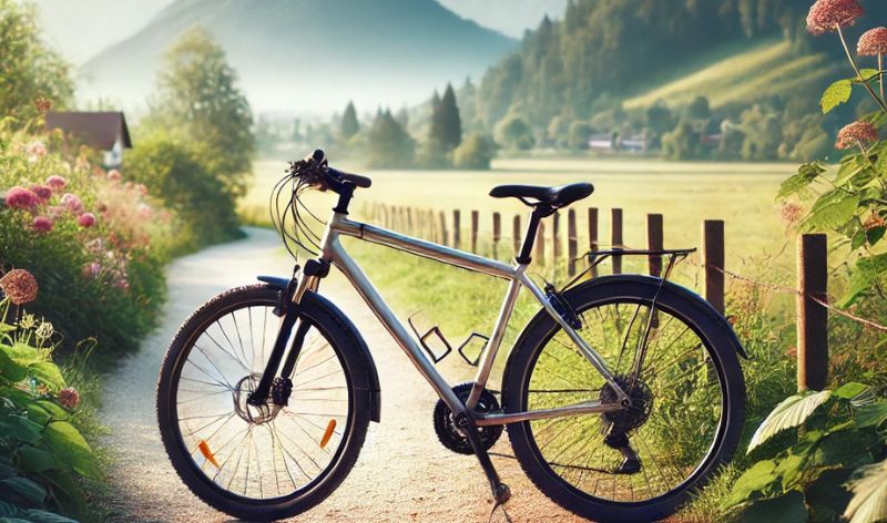 A bicycle parked on a rural path with a wooden fence and greenery on both sides.