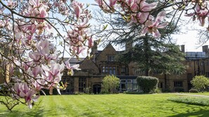Un bâtiment historique, doté d’une pelouse bien entretenue et agrémenté, au premier plan, de magnifiques magnolias en fleurs.