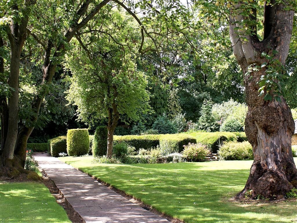 A garden pathway lined with trees and neatly trimmed hedges.