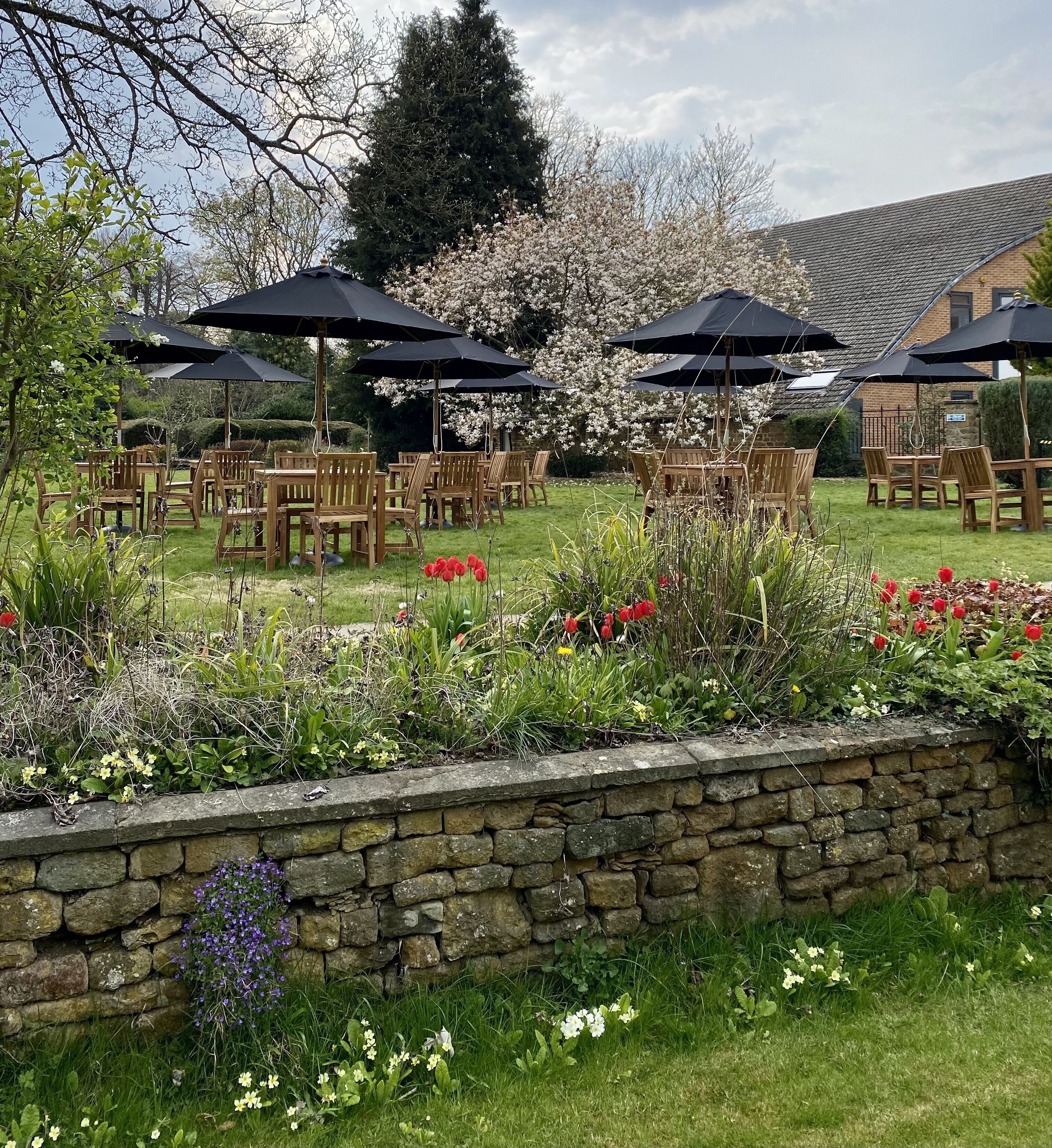 A garden patio with wooden tables and chairs, surrounded by a stone wall, and covered by black umbrellas.