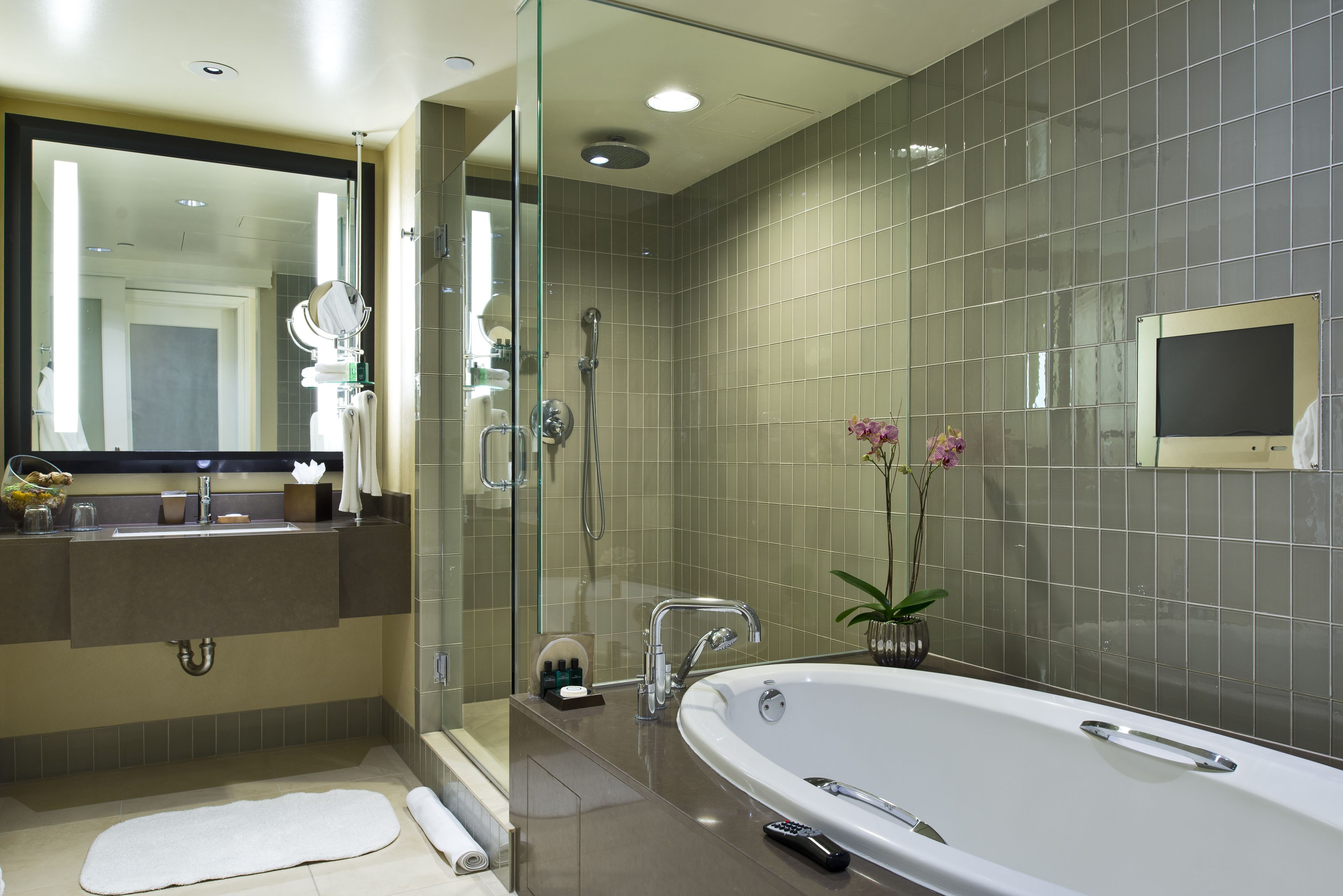 shower, designer toiletries, hair dryer, bathrobes