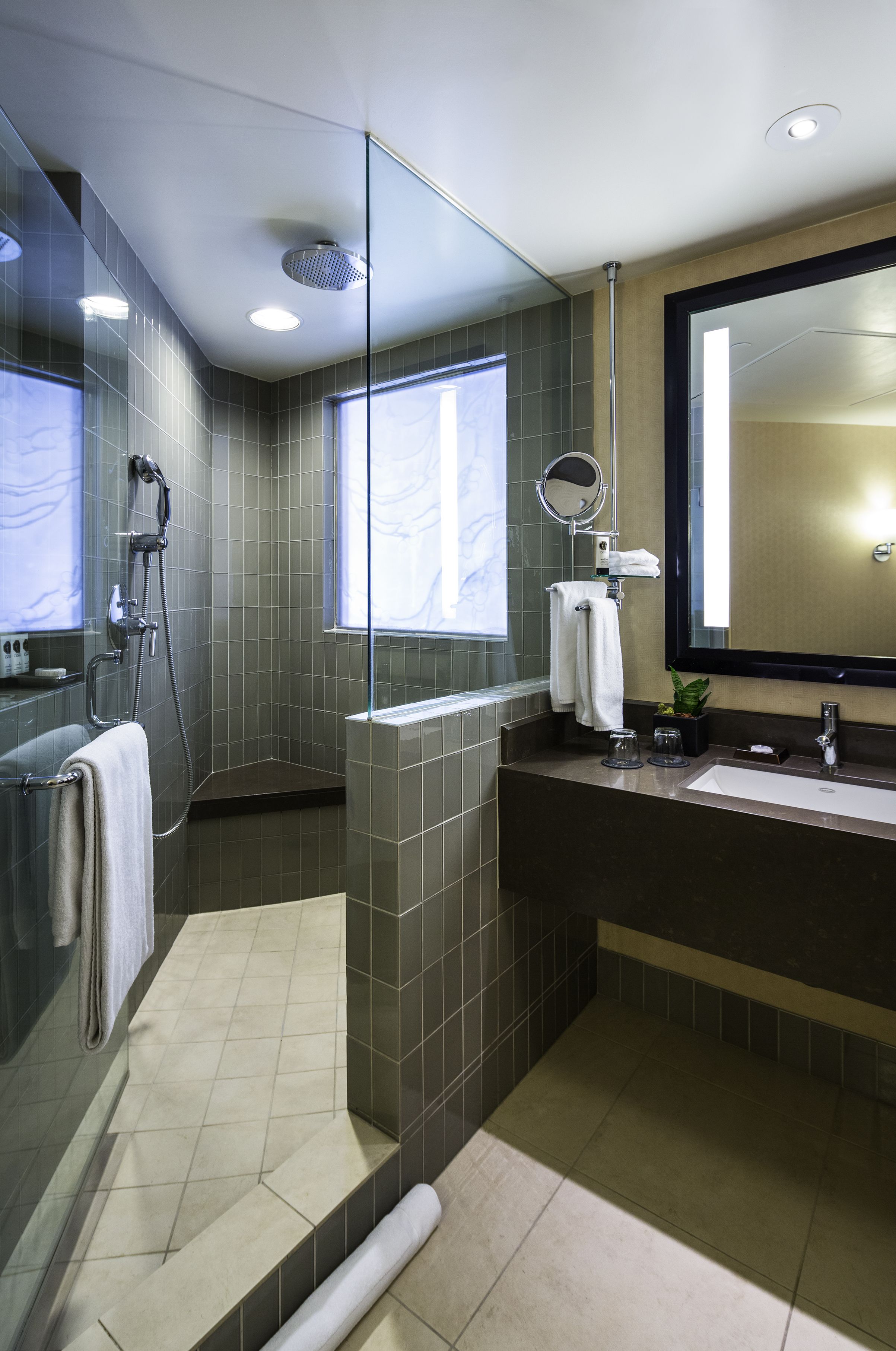 shower, designer toiletries, hair dryer, bathrobes