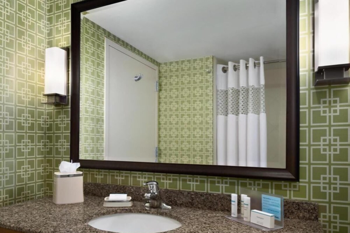 Un baño con lavamanos, espejo y cortina de ducha.