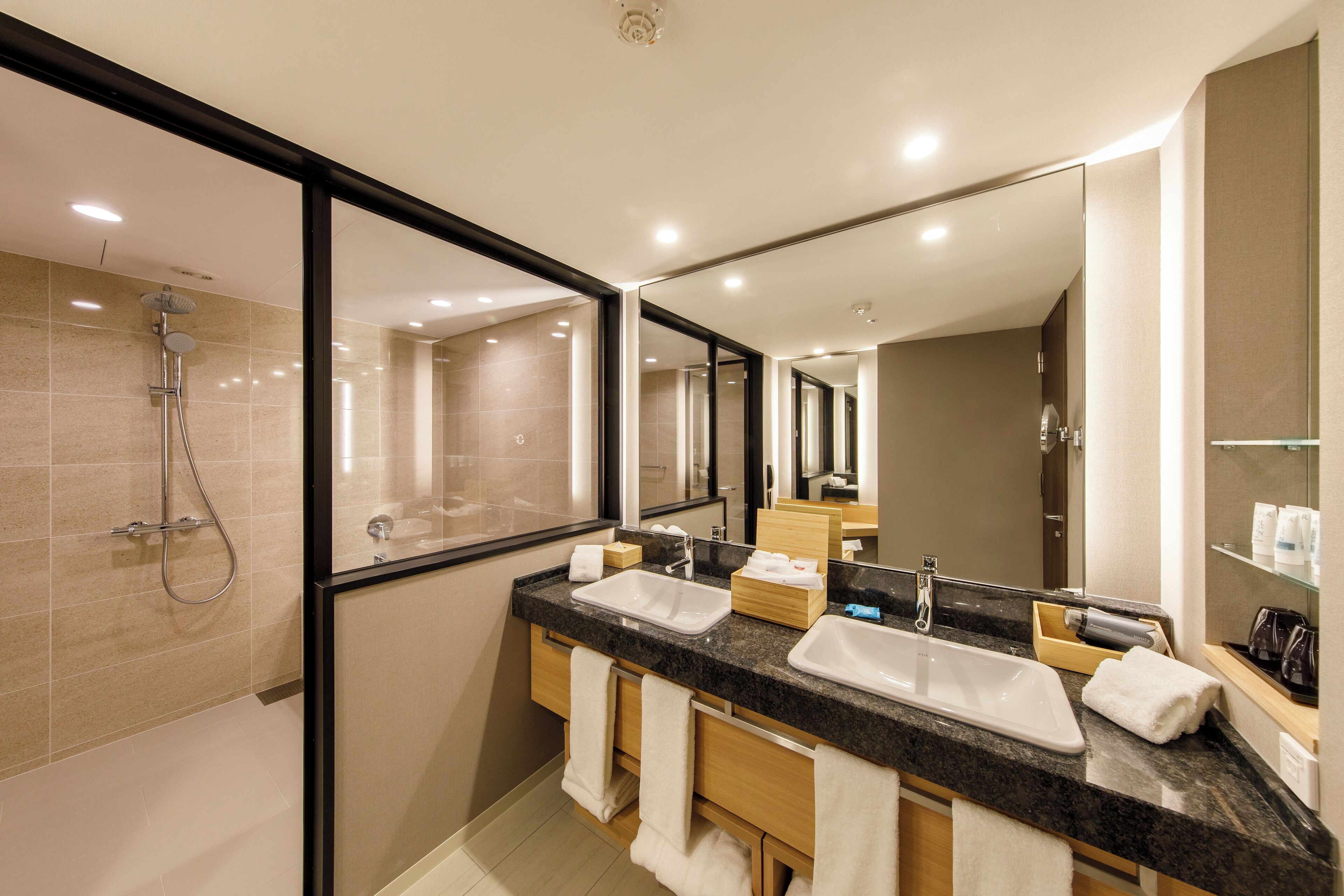 free toiletries, hair dryer, slippers, towels