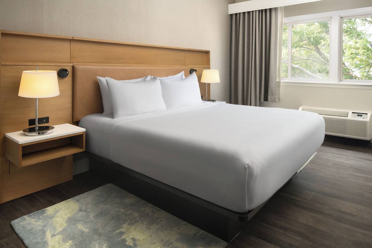 Une chambre d’hôtel avec un grand lit, deux tables de chevet avec des lampes, une fenêtre avec des rideaux et un système de climatisation intégré.