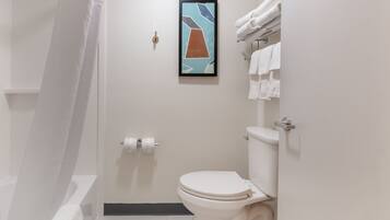 A bathroom with a toilet, a shower, a towel rack, and a framed artwork on the wall.