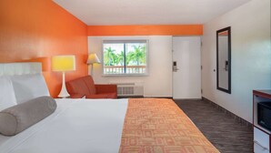 Habitación de hotel con cama, escritorio, silla, ventana y vista a palmeras, además de un equipo de aire acondicionado.