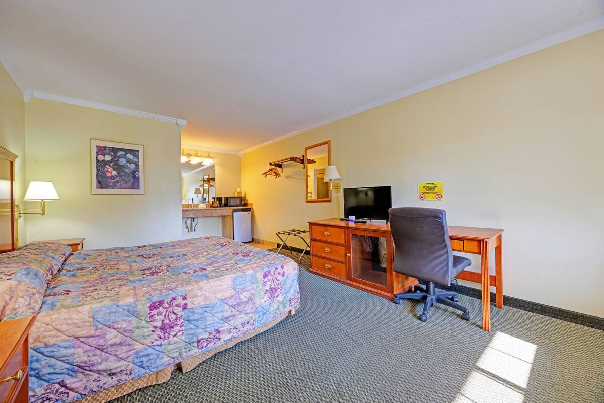 A hotel room with a bed, a desk, a chair, a television, and a small kitchenette.