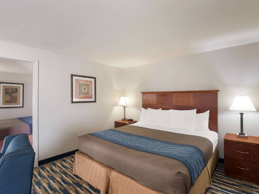 Habitación de hotel con una cama grande, dos mesitas de noche con lámparas, un sillón azul y una alfombra estampada.