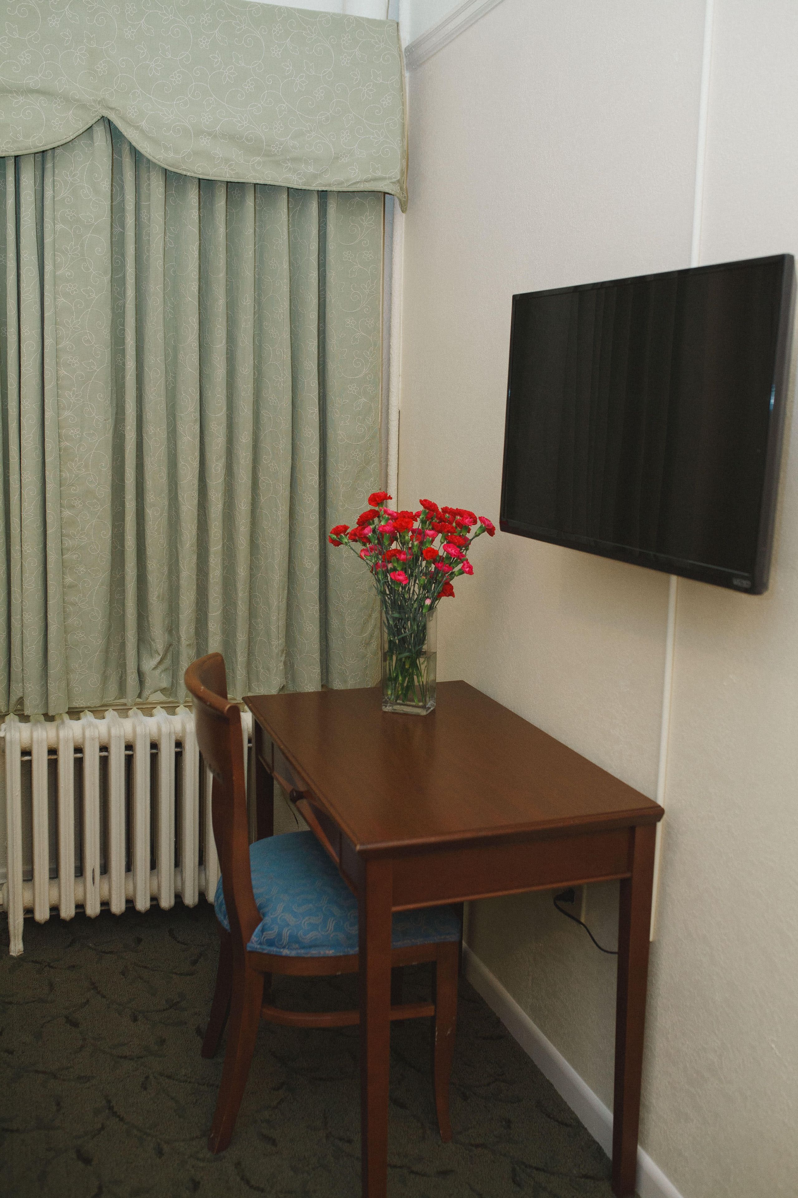 Una habitación con una mesa de madera, una silla con cojín azul, un florero con flores rojas, un radiador y un televisor montado.
