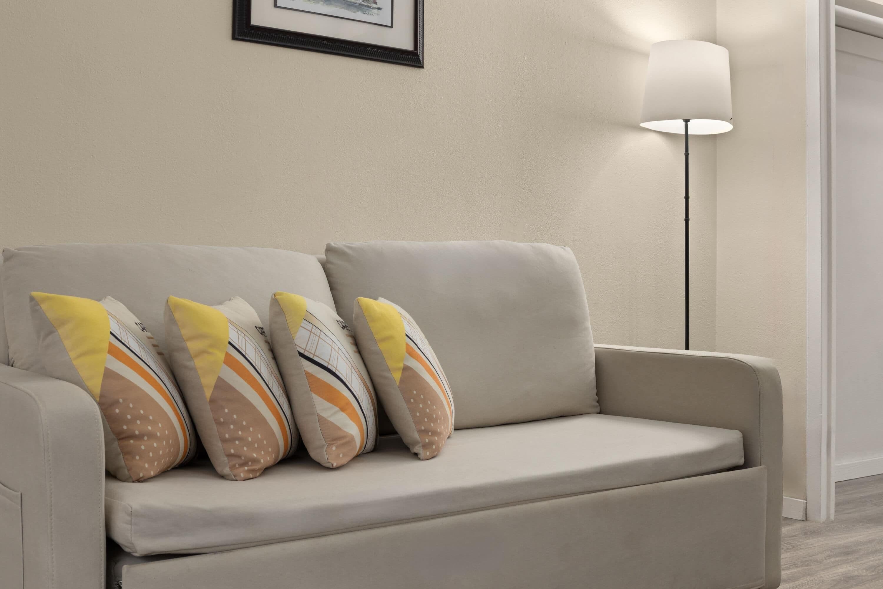 A sofa with patterned cushions, a floor lamp, and a framed picture on the wall.
