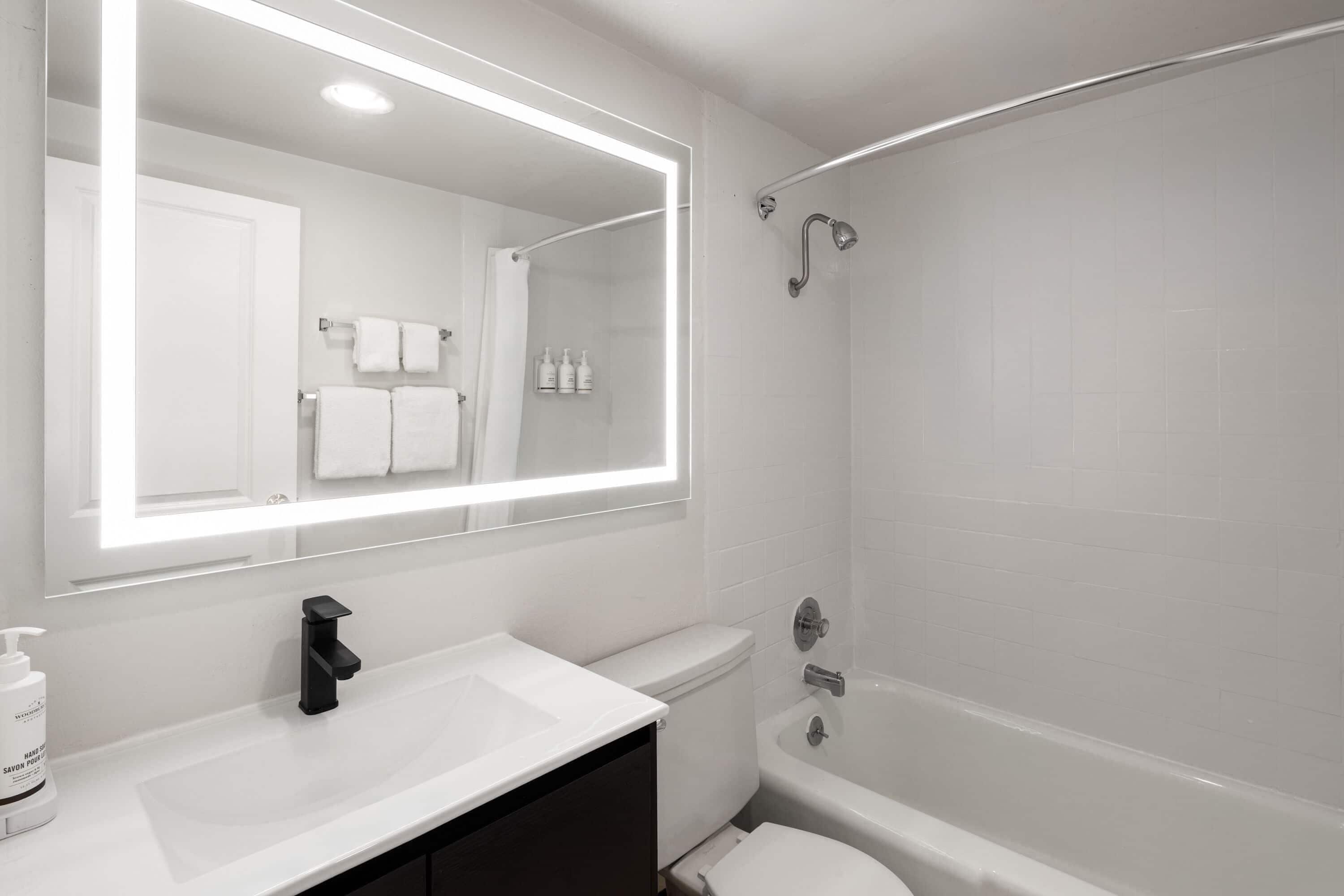 A modern bathroom with a white sink, a large mirror, a toilet, and a bathtub.