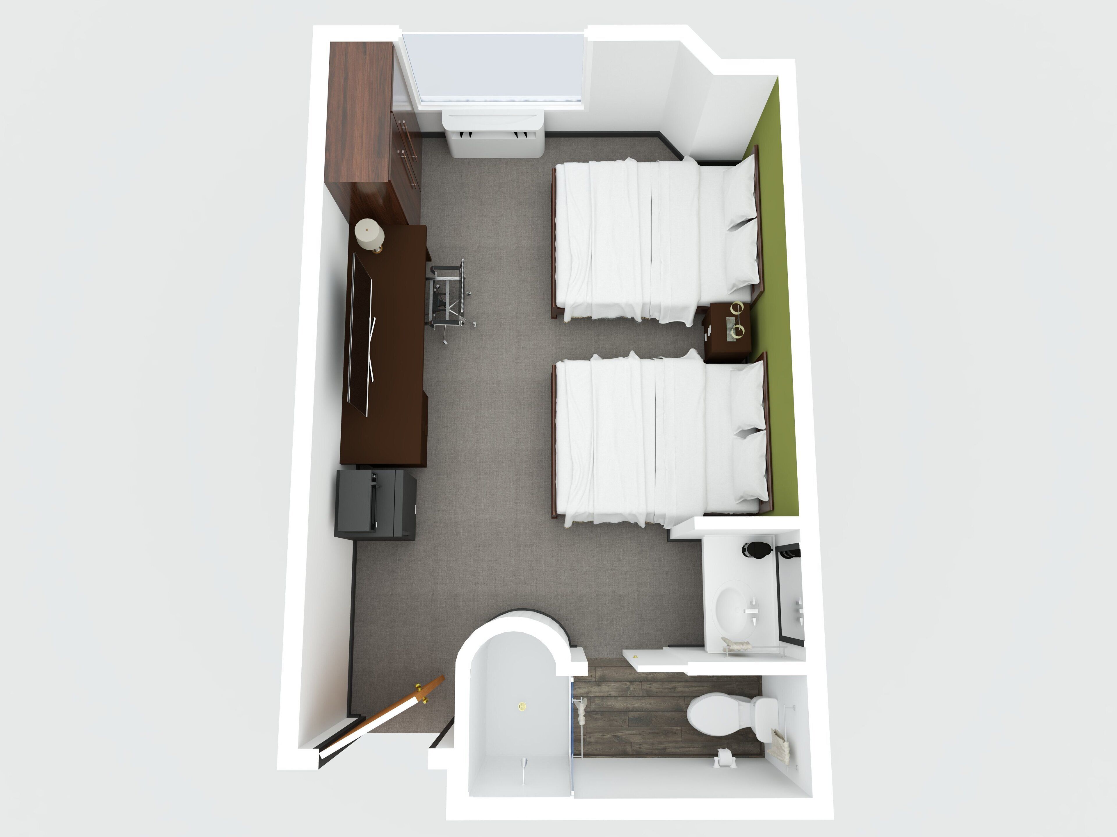 Indeling van een hotelkamer met twee bedden, een bureau, een stoel, een klein tafeltje, een spiegel, een toilet en een douche.