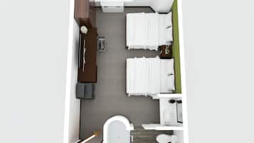 Indeling van een hotelkamer met twee bedden, een bureau, een stoel, een klein tafeltje, een spiegel, een toilet en een douche.