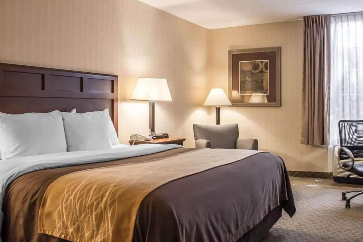 A hotel room with a large bed, two bedside lamps, a chair, a desk, and a framed picture on the wall.