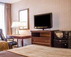 A hotel room with a bed, a desk with a lamp, a television, a microwave, and a chair.
