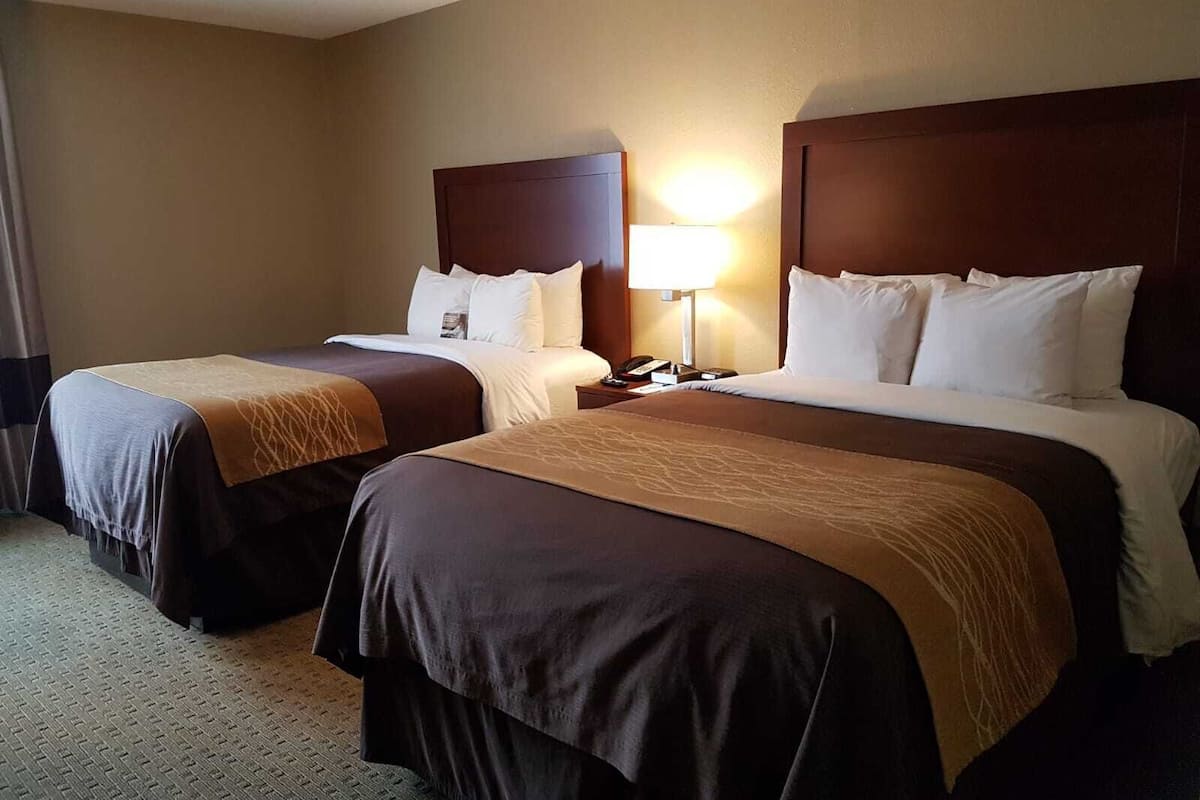 Hypo-allergenic bedding, desk, laptop workspace, blackout drapes