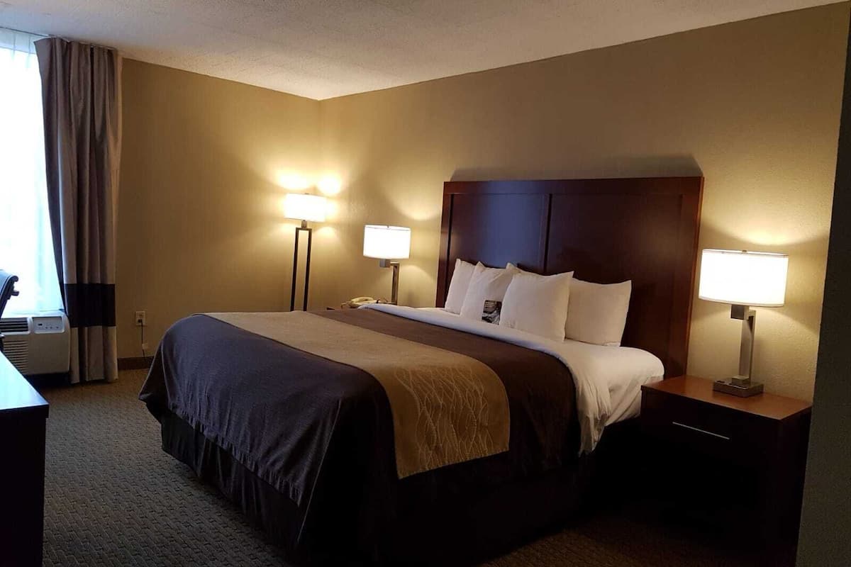 Hypo-allergenic bedding, desk, laptop workspace, blackout drapes