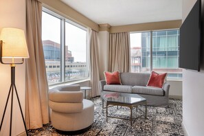 Suite, 1 King Bed with Sofa bed, Accessible (Plaza Suite) | Living area | 42-inch flat-screen TV with cable channels, Smart TV, pay movies