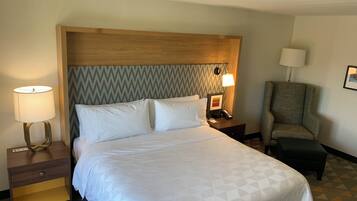 Una habitación de hotel con una cama grande, una mesita de noche con lámpara, una silla y un escritorio con teléfono.